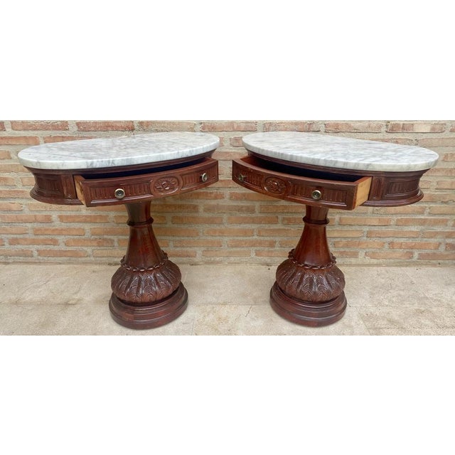 Carved Wood Demi Lune Nightstands with Marble Top, 1940, Set of 2 For Sale - Image 13 of 17
