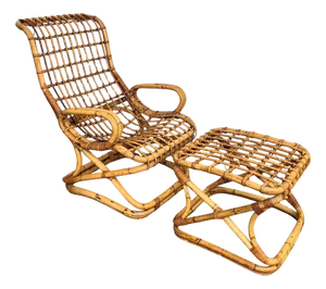Set of Italian Bohemian French Bamboo Rattan Riviera Lounge Chair & Ottoman by Tito Agnoli, 1960s