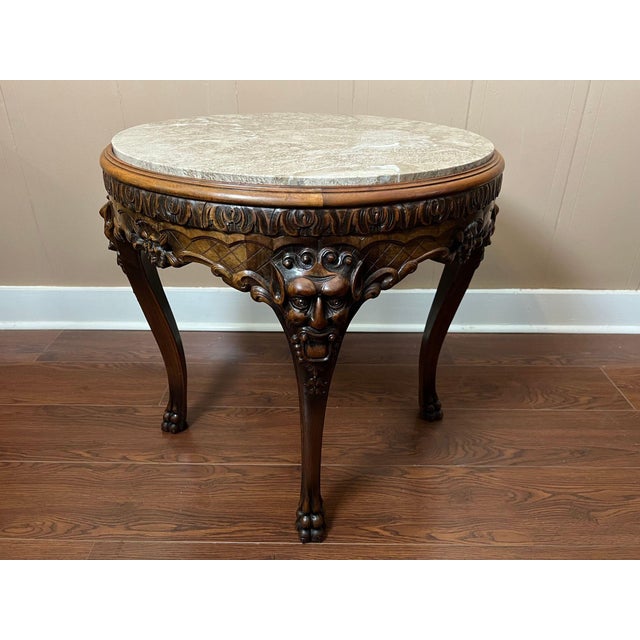 Antique French Renaissance Revival Center Table Round Marble Carved Walnut C1900 For Sale - Image 12 of 18
