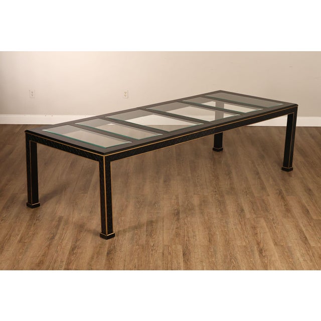 Hollywood Regency Chinese Chippendale Black Lacquered Dining Table With Two Leaves, Inset Glass For Sale - Image 3 of 18