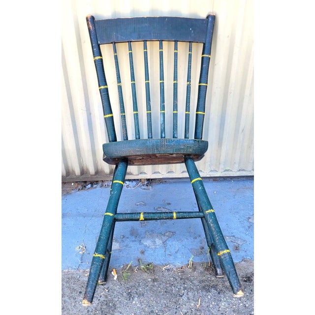 19th Century 19Thc Origin. Green Paint & Mustard Stripe Thumb Back Windsor Chairs Set of Five For Sale - Image 5 of 8