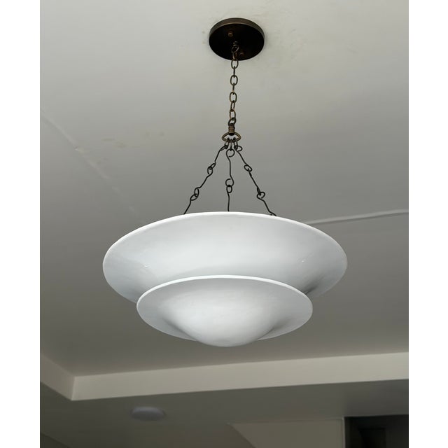 Contemporary Matte White Layered Pendant Light | 4-Light Steel Shade Chandelier With Black Antique Brass Chain For Sale - Image 3 of 18