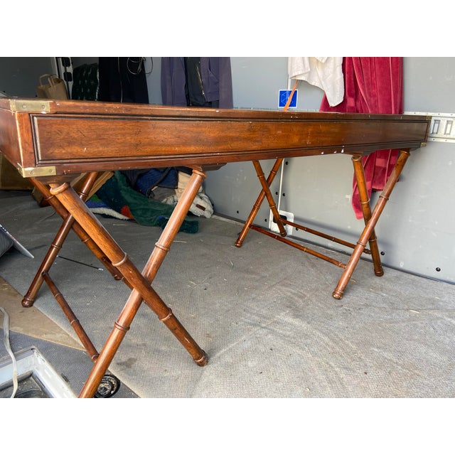 Vintage Campaign Distressed Leather Top Bamboo Executive Desk by Drexel Heritage For Sale - Image 12 of 18