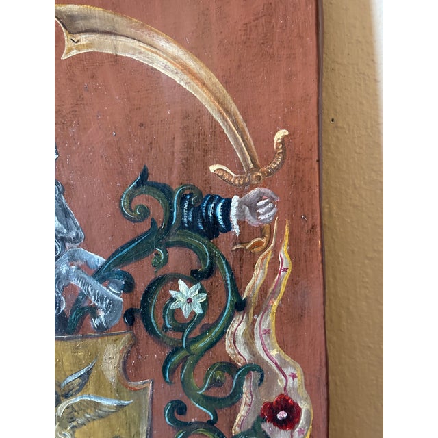 Hand Painted Oil on Wood Memento Mori Coat of Arms Heraldry Wall Plaque For Sale - Image 10 of 12