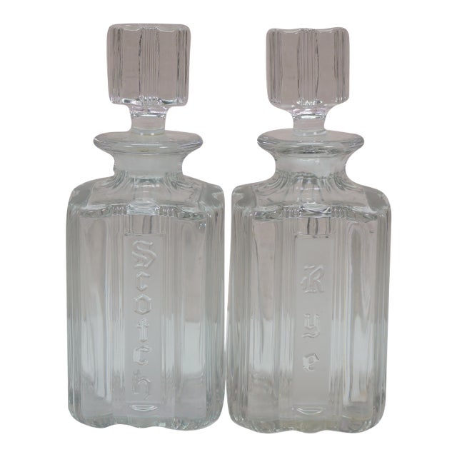 2 Fostoria Sunray Blown Glass Scotch Rye Liquor Decanter Bottles 9" For Sale