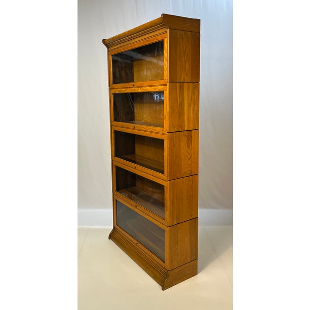 Early 20th Century Antique Gunn Furniture Co. 5-Stack Oak Barrister Bookcase With Original Wavy Glass For Sale - Image 5 of 11
