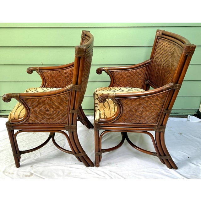 Vintage Bamboo & Rattan Arm Chairs – Pair of Wicker Dining or Accent Chairs With Upholstered Seats For Sale - Image 4 of 10