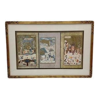 1970’s Gilded Persian Court Life Panoramic Triptych For Sale