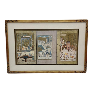 1970’s Gilded Persian Court Life Panoramic Triptych