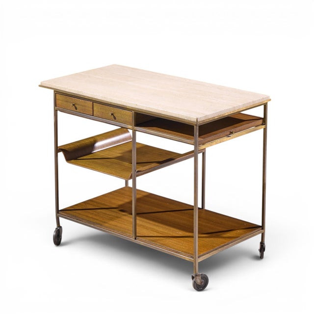 Paul McCobb for Calvin Irwin Collection Mid Century Travertine, Brass and Mahogany Bar Cart For Sale - Image 11 of 12