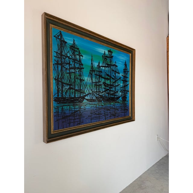 A striking 1970s Mid-Century Modern acrylic painting depicting a harbor filled with tall sailing ships. Executed on board,...