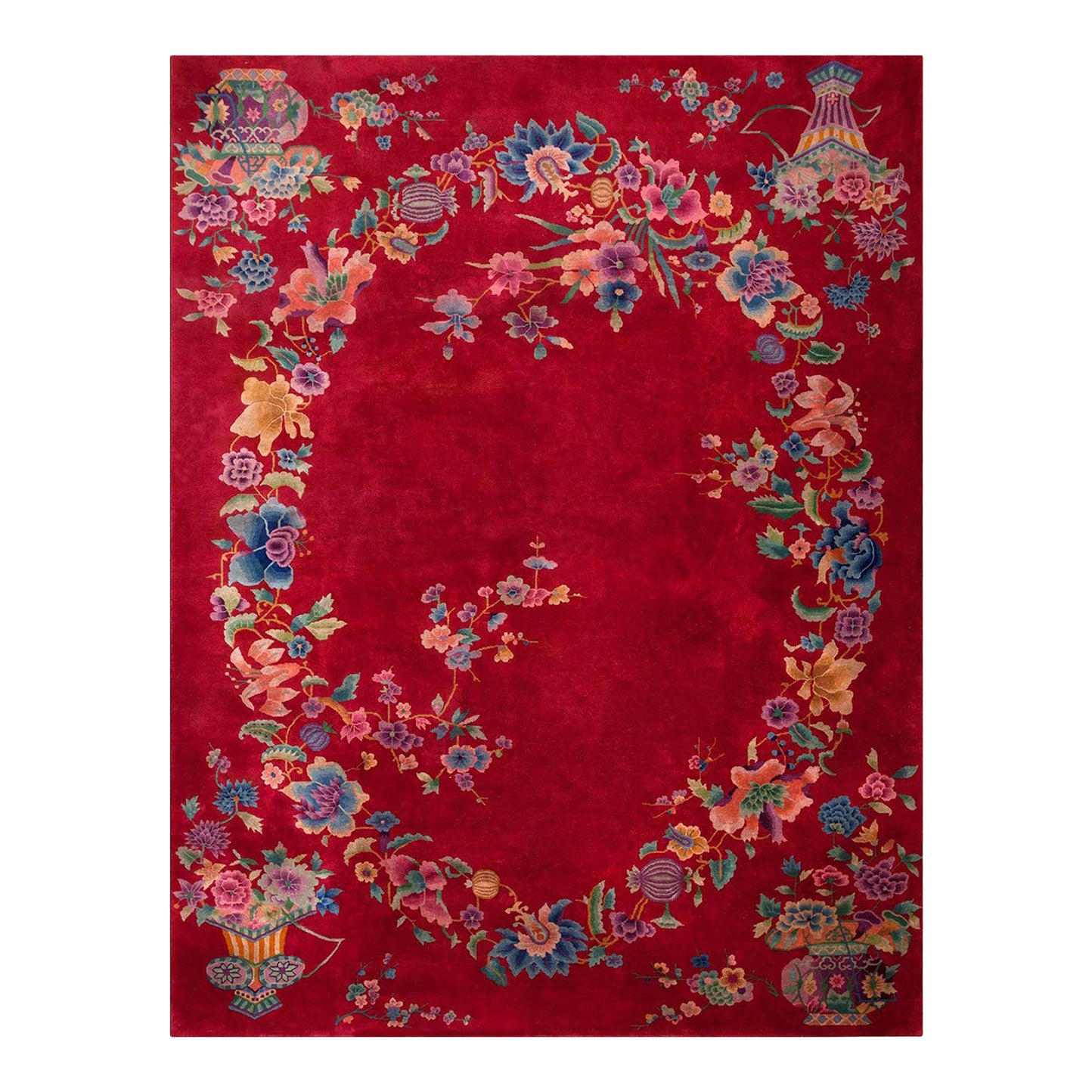 1930s Red Floral Modern Antique Chinese Art Deco Rug 8' 9
