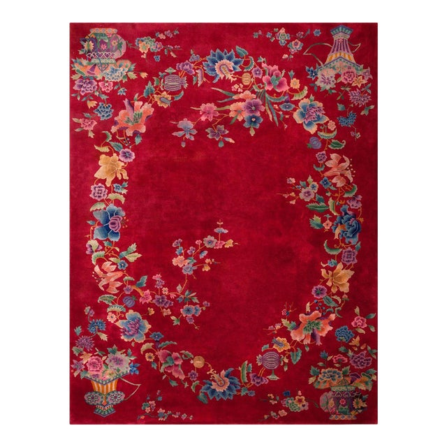1930s Red Floral Modern Antique Chinese Art Deco Rug 8' 9" X 11' 6" Handknotted Wool Carpet For Sale