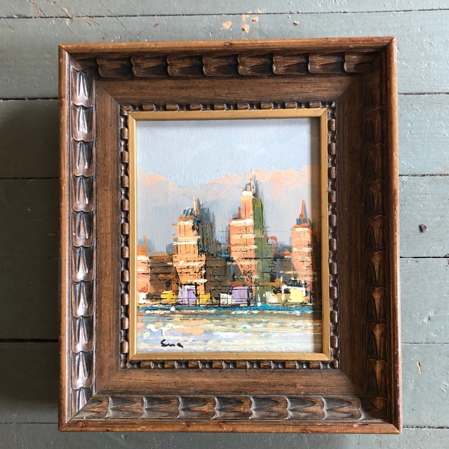1960s Original Vintage Mid Century Modern Abstract Cityscape Painting Original Wood Frame For Sale - Image 5 of 5