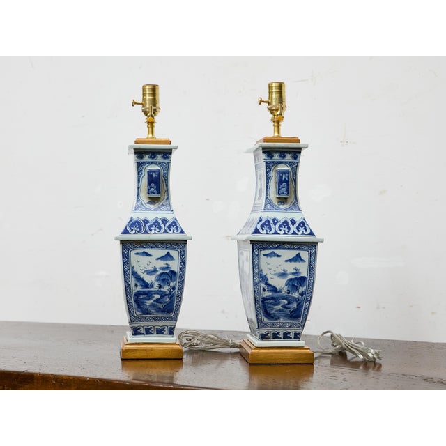 1920s Blue and White Porcelain Table Lamps, Asian - Pair For Sale - Image 10 of 11
