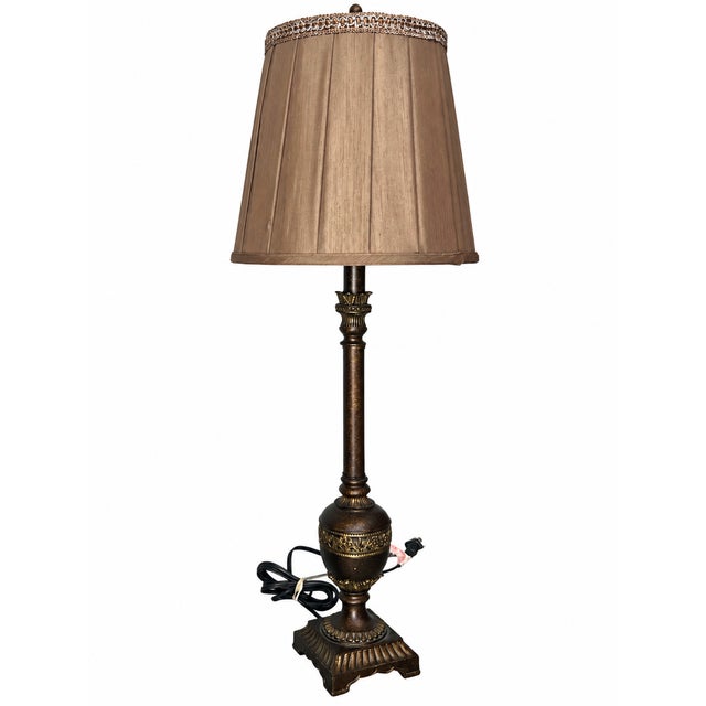 Late 20th Century Neoclassical Bronze-Tone Urn and Column Buffet Lamp With Pleated Brown Shade For Sale - Image 5 of 8