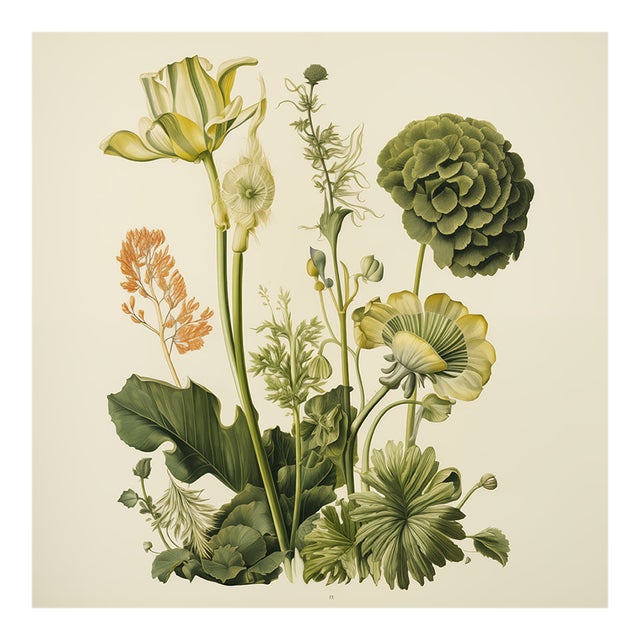 Vintage Botanical Garden Study No. 11 | Botanical Wall Art in Dark Green & Cream For Sale