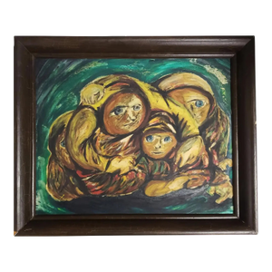 Mid-Century Modern "The Family" Figurative Expressionist Oil Painting, Framed