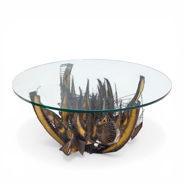 Silas Seandel Style Brutalist Mid Century Illuminated Sculptured Metal Coffee Table This coffee table measures: 48 wide x...