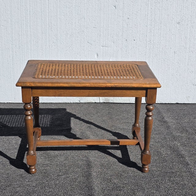 French Country Vintage French Country Brown Cane PIano Bench Stool For Sale - Image 3 of 14