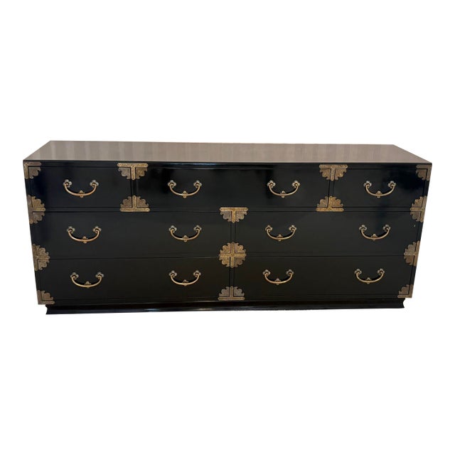 Chokin Art Collection Black Lacquered/Brass Asian Style Campaign Dresser For Sale