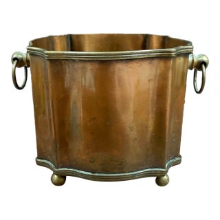 Vintage Brass & Copper Footed Planter / Cachepot With Ring Handles For Sale