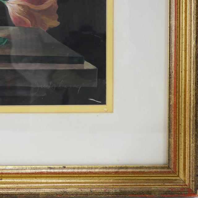 Vintage Floral Still Life Painting With Iris Roses and Camellias in Ornate Gold Frame For Sale - Image 4 of 11