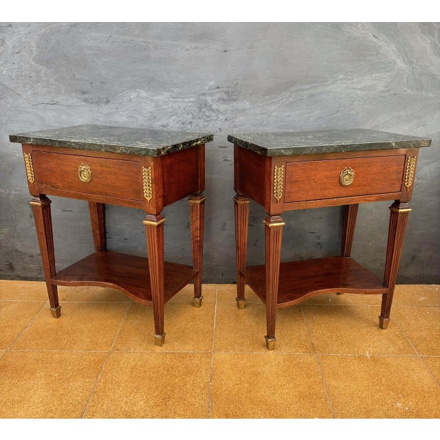 French Louis XVI Style Nightstands with Marble Tops, 1920, Set of 2 For Sale - Image 3 of 15