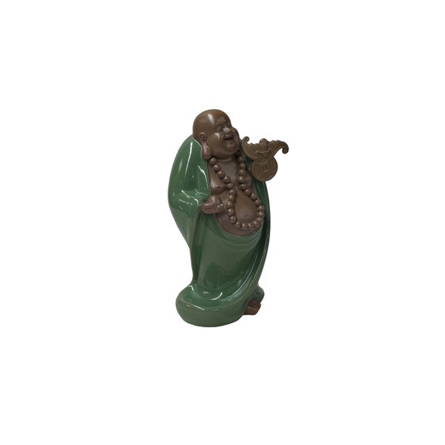 Joyful Laughing Buddha Gloss Dark Jade Green Robe Ceramic Coin Bat Ru Yi Figure For Sale - Image 12 of 12