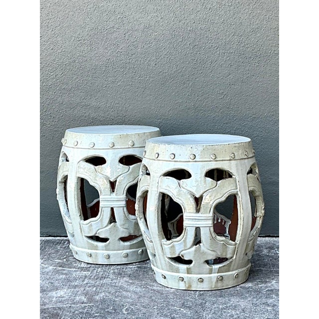 Vintage Linked Rings Glazed Ceramic Garden Stools - A Pair For Sale In West Palm - Image 6 of 12