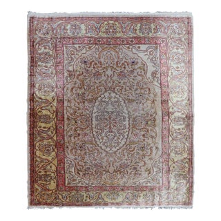 Antique Turkish Silk Hereke Rug With Floral Medallion Design and Ivory Field For Sale
