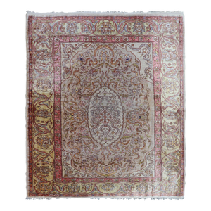 Antique Turkish Silk Hereke Rug With Floral Medallion Design and Ivory Field