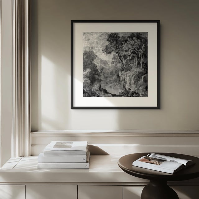 Contemporary 14" X 14" Grisaille Landscape Original Print 16th Century Style / Black and White For Sale - Image 3 of 5