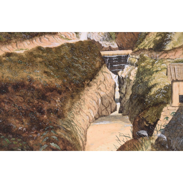 Tan Waterfalls and Mountain Homes - Japanese Landscape 1878 For Sale - Image 8 of 10