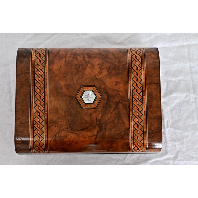 English 19th Century Burl Marquetry and Inlay Writing Box For Sale In Baton Rouge - Image 6 of 13