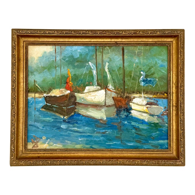 Sailboats on the Bay Seascape, Spanish Oil on Canvas Painting For Sale