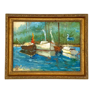 Sailboats on the Bay Seascape, Spanish Oil on Canvas Painting