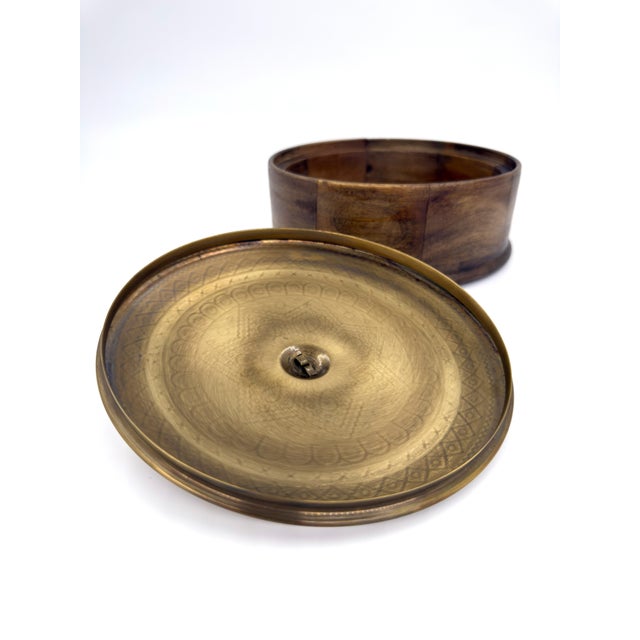 Wood Handcrafted Indian Mango Wood Round Box With Stunning Etched Brass Lid For Sale - Image 7 of 9