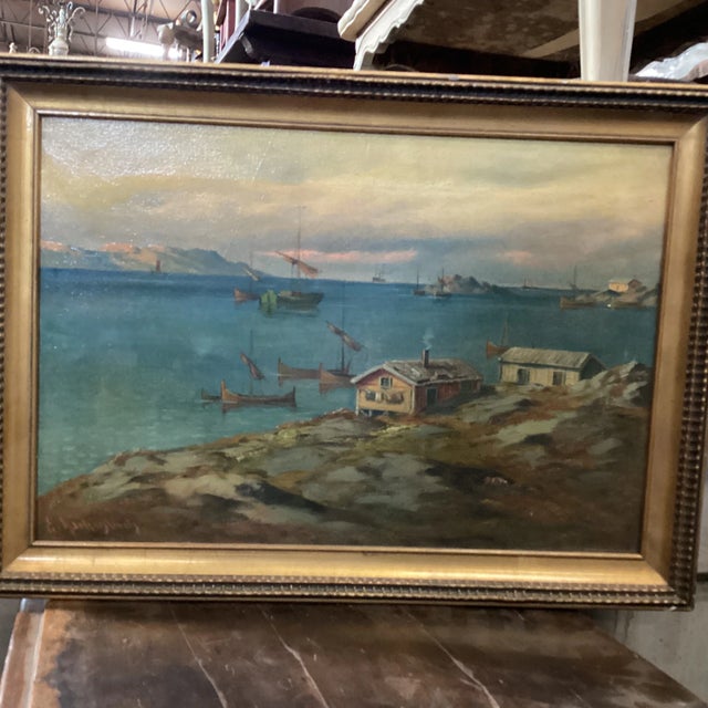 Early 20th Century Early 20th Century Swedish Small Harbor Painting, Framed For Sale - Image 5 of 10
