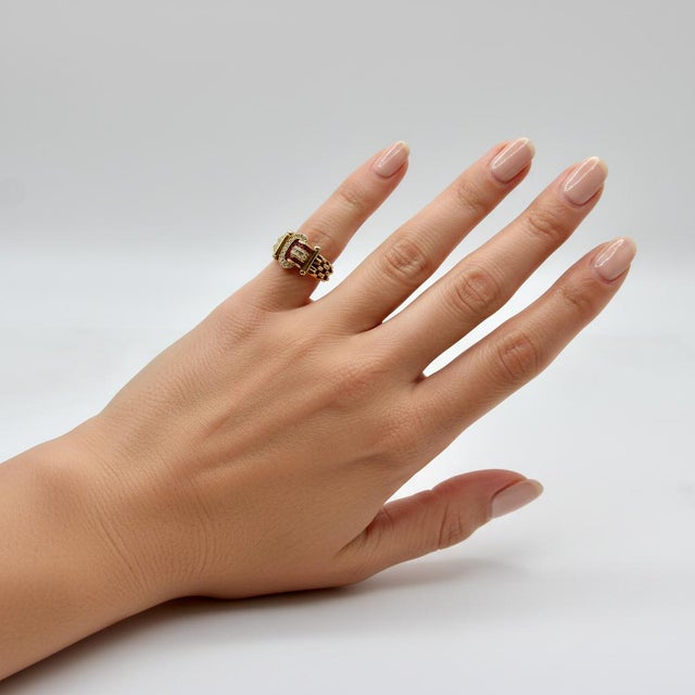 Vintage 18k Gold Diamond and Ruby Buckle Ring, Size 4.5 For Sale - Image 10 of 10