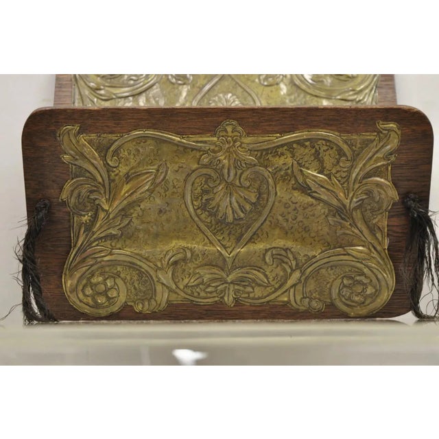 Antique Arts & Crafts Oak & Brass Embossed Folding Wall Hanging Letter Holder For Sale In Philadelphia - Image 6 of 10