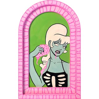 Zombie by Katie Mansfield | Acrylic on wood depicting a zombie woman with pink hair and a skeleton shirt. For Sale