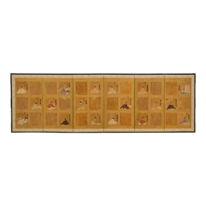 Meiji Early 20th Century Japanese Six Panel Folding Screen Byobu Gold Immortal Poets Calligraphy Poems Framed Antique