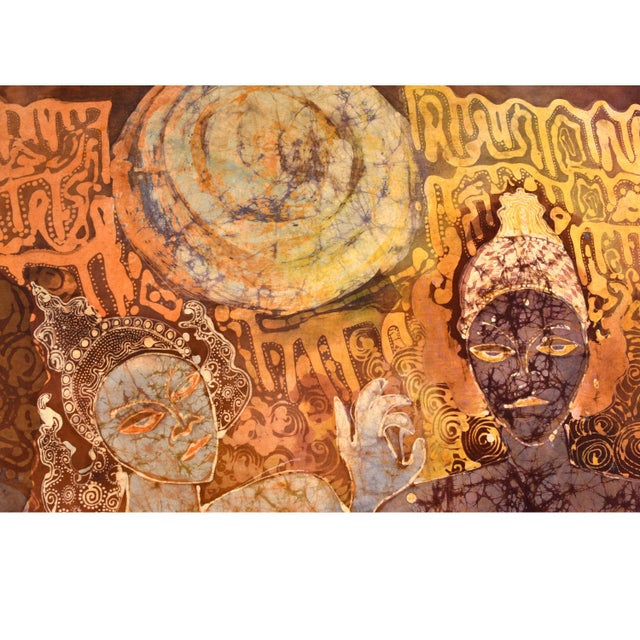 1970s Square Indonesian Burnt Orange and Indigo Figural Batik in Silver Faux Bamboo Frame For Sale - Image 5 of 10