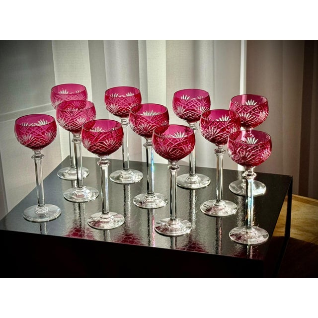 Ruby Cut Crystal Liqueur Glasses attributed to Val Saint Lambert, 1950, Set of 11 For Sale - Image 12 of 17