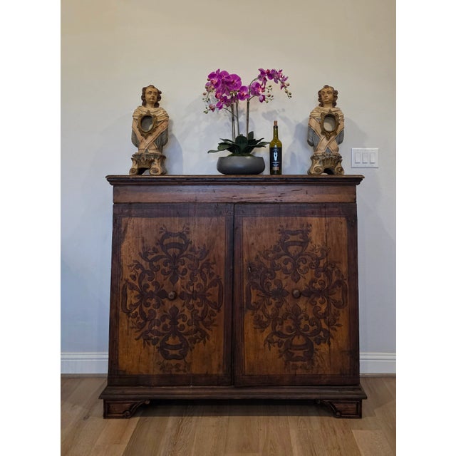 Early 18th C. Italian Baroque Inlaid Wood Sacristy Cabinet Rustic Antique Credenza For Sale - Image 17 of 18