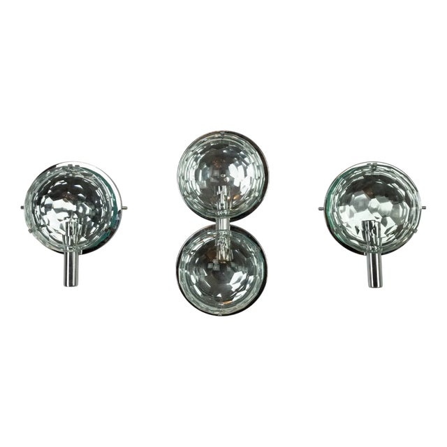 Vintage Italian Cristal Art Sconces in Chrome and Cut Glass, 1970s, Set of 3 For Sale