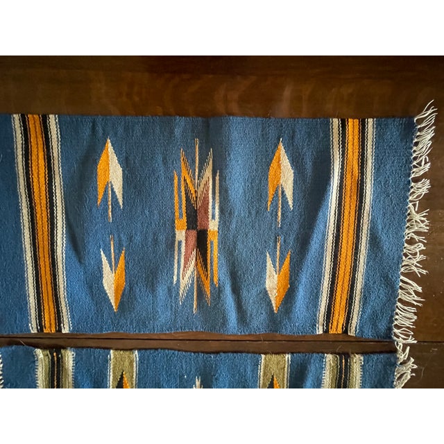 Rustic Spectacular New Mexico Deep Blue 1930's Chimayo Weavings - Rare Pair For Sale - Image 3 of 4