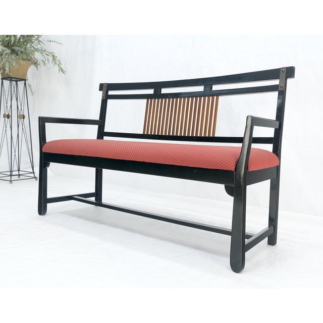 Textile Vintage Black Lacquer Red Upholstery Bench w/ Arms Slotted Back MINT For Sale - Image 7 of 11