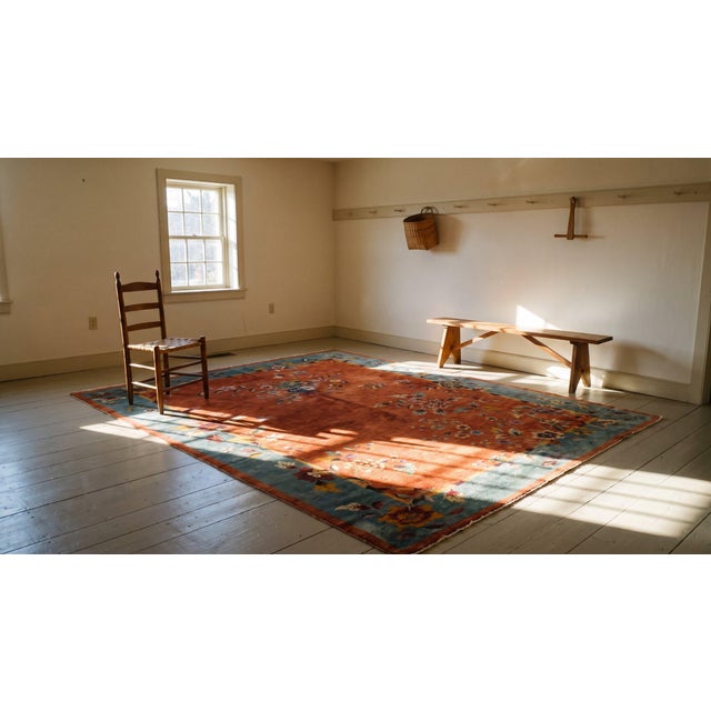 1920s Burnt Orange Floral Antique Chinese Art Deco Carpet 8' 9" X 11' 3" Knotted Wool Rug For Sale - Image 15 of 15